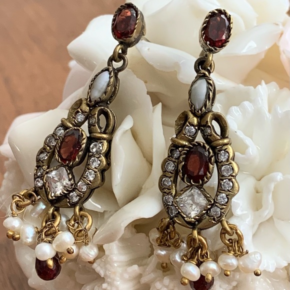 Vintage * Beautiful India Garnet Pearl & CZ Chandelier Dangle Earrings - Picture 3 of 4